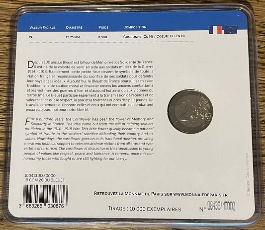 2018 - Bleuet du souvenir 100 ans de la fin de la Première Guerre Mondiale bu arrière