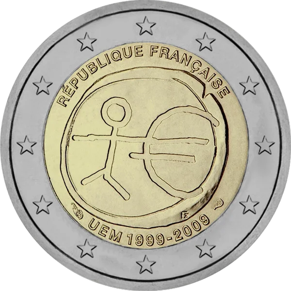 Pièce de 2 euros UEM 1999-2009 République Française avec dessin bonhomme bâton et symbole Euro