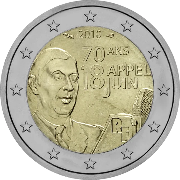 Pièce de 2 euros 70 ans Appel 18 Juin 2010 avec Charles de Gaulle lisant le texte à la radio
