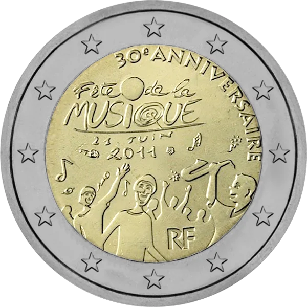 Pièce de 2 euros 30e anniversaire Fête de la musique 21 juin 2011 avec notes de musique et fêtards