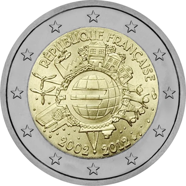 Pièce de 2 euros République Française 2002-2012 avec logo Euro au centre du globe terrestre
