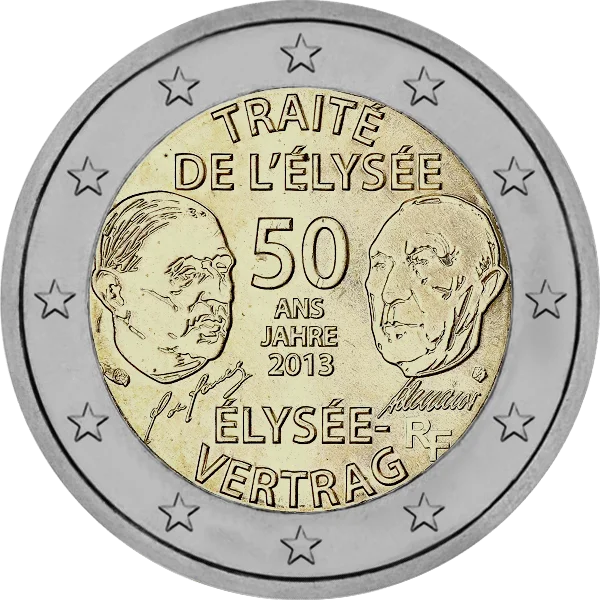 Pièce de 2 euros Traité de l'Élysée 50 ans Jahre 2013 Élysée Vertrag avec Charles de Gaulle et Konrad Adenauer