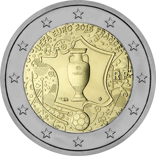 Pièce de 2 euros UEFA EURO 2016 France RF avec coupe d'Europe et ballon de foot