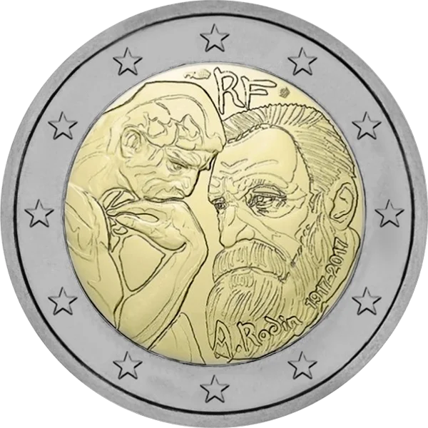 Pièce de 2 euros A. Rodin 1917-2017 RF avec son portrait et statue du Penseur