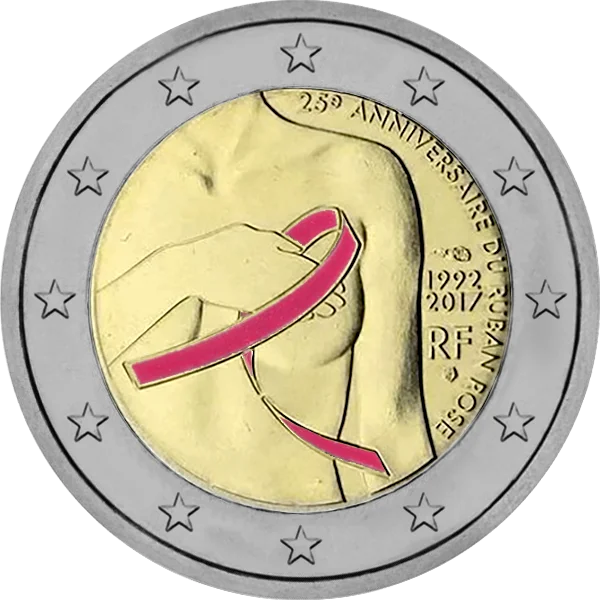 Pièce de 2 euros 25° anniversaire du Ruban Rose 1992-2017 contre le cancer du sein version couleur
