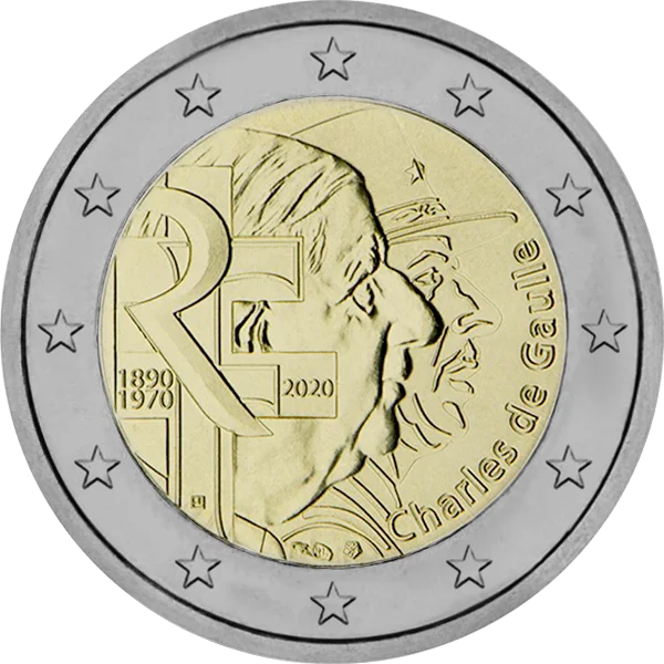 Pièce de 2 euros 1890-1970 RF Charles de Gaulle 2020 portrait jeune et âgé