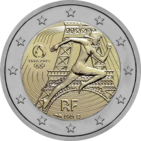 Pièce de 2 euros JO Paris 2024 Marianne 2021 en pleine course devant la Tour Eiffel