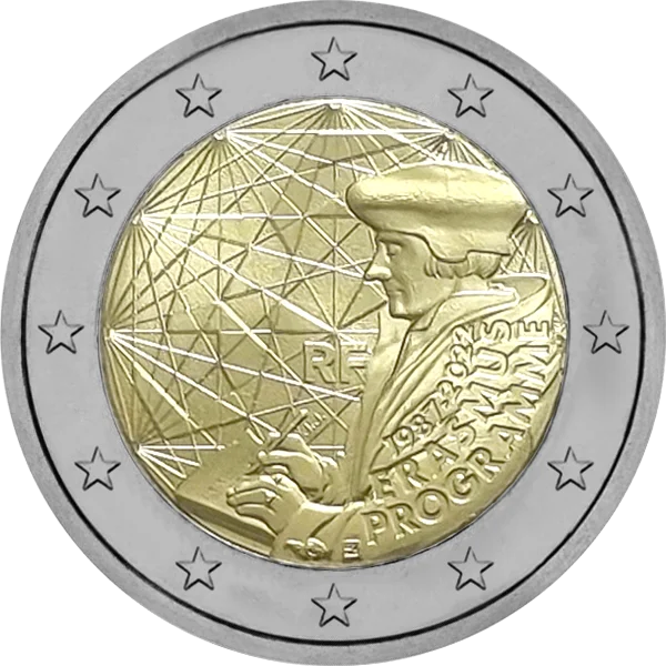 Pièce de 2 euros RF 1987-2022 Erasmus Programme avec représentation d'Erasme qui écrit