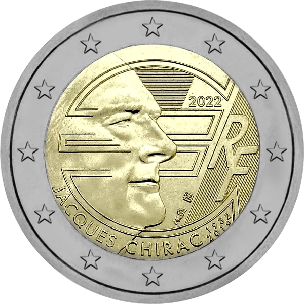 Pièce de 2 euros Jacques Chirac 1932-2019 RF 2022 avec son portrait et symbole euro