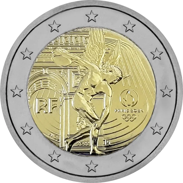 Pièce de 2 euros JO Paris 2024 Génie de la Liberté 2022 faisant du discobole