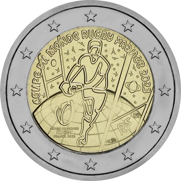 Pièce de 2 euros Coupe du Monde de Rugby France 2023 RF avec rugbyman sur terrain