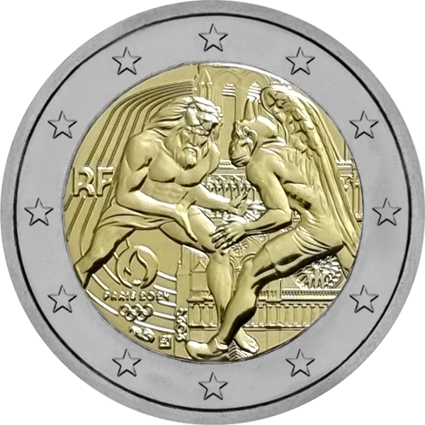 Pièce de 2 euros JO Paris 2024 Hercule pratiquant la Lutte devant Notre-Dame