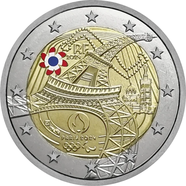 Pièce de 2 euros JO Paris 2024 RF avec Tour Eiffel, basilique Notre-Dame-de-la-Garde de Marseille et fleur de Tiaré version couleur