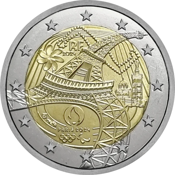 Pièce de 2 euros JO Paris 2024 RF avec Tour Eiffel, basilique Notre-Dame-de-la-Garde de Marseille et fleur de Tiaré