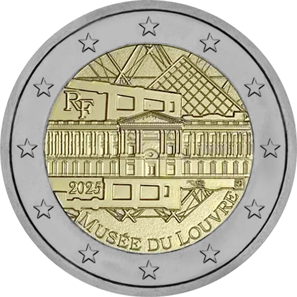 Pièce de 2 euros Musée du Louvre 2025 RF avec pyramide et bâtiment principal