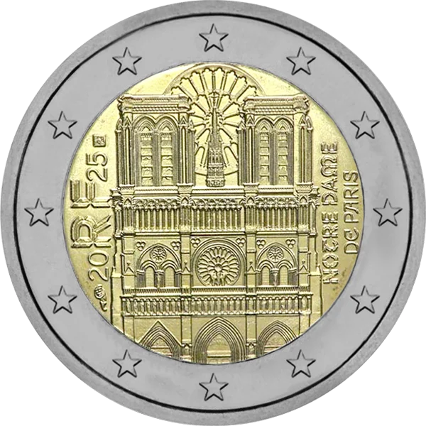 Pièce de 2 euros Notre-Dame de Paris 20 RF 25 et représentation de la cathédrale de face