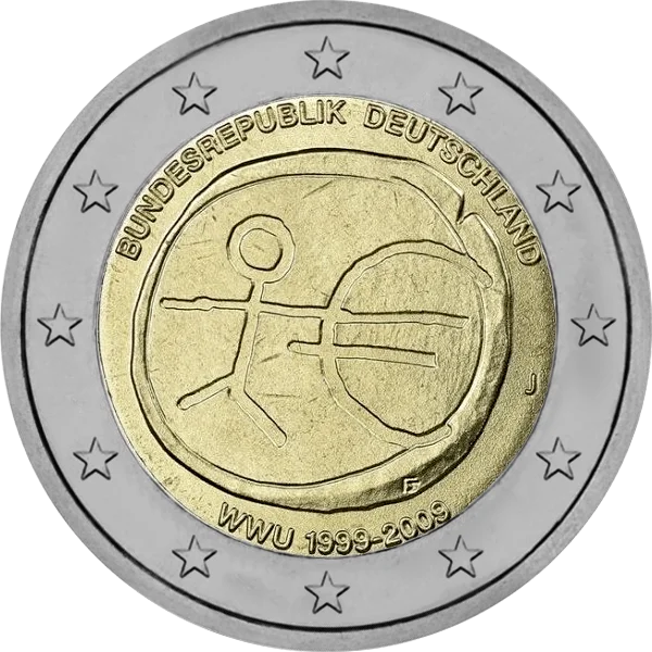 Pièce de 2 euros WWU 1999-2009 Bundesrepublik Deutschland avec dessin bonhomme bâton et symbole Euro