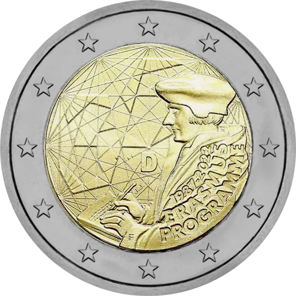 Pièce de 2 euros D 1987-2022 Erasmus Programme avec représentation d'Erasme qui écrit