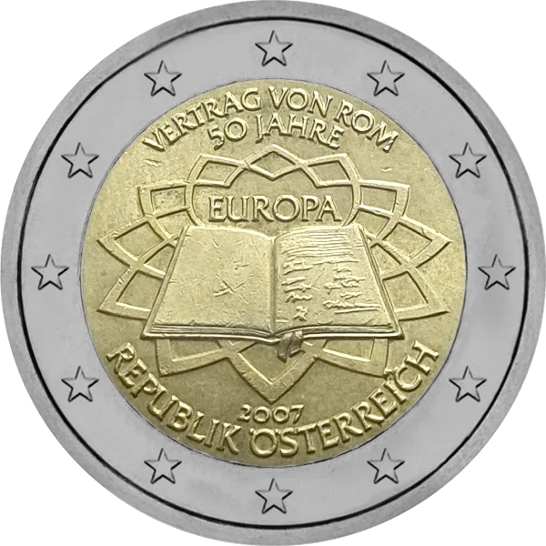 Pièce de 2 euros Vertrag von Rom 50 Jahre Europa 2007 Republik Österreich avec livre ouvert
