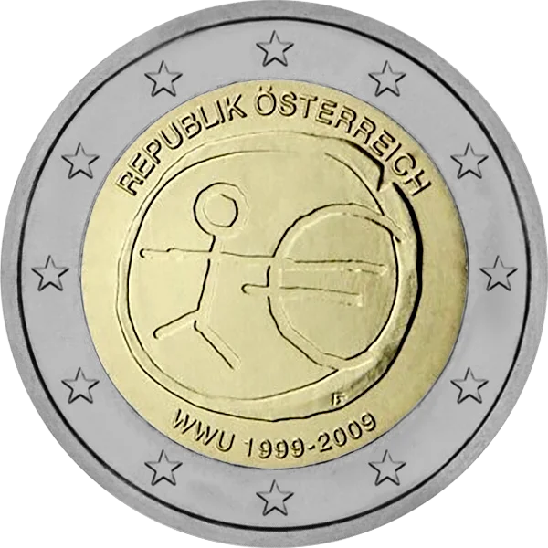 Pièce de 2 euros WWU 1999-2009 Republik Österreich avec dessin bonhomme bâton et symbole Euro