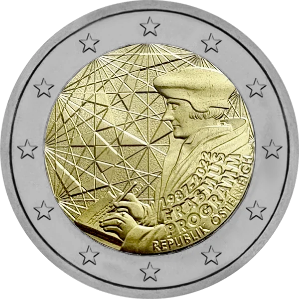Pièce de 2 euros 1987-2022 Erasmus Programme Republik Österreich avec représentation d'Erasme qui écrit
