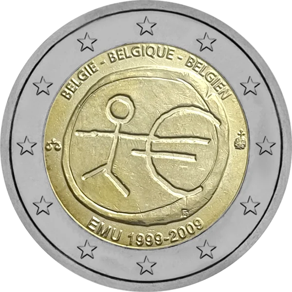 Pièce de 2 euros EMU 1999-2009 Belgie-Belgique-Belgien avec dessin bonhomme bâton et symbole Euro