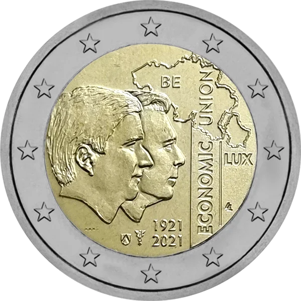 Pièce de 2 euros Economic Union BE LUX 1921 2021 avec le Roi Philippe et le Grand-Duc Henri