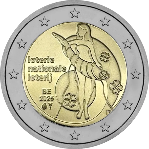 Pièce de 2 euros loterie nationale loterij BE 2025 avec une femme et des trèfles à 4 feuilles