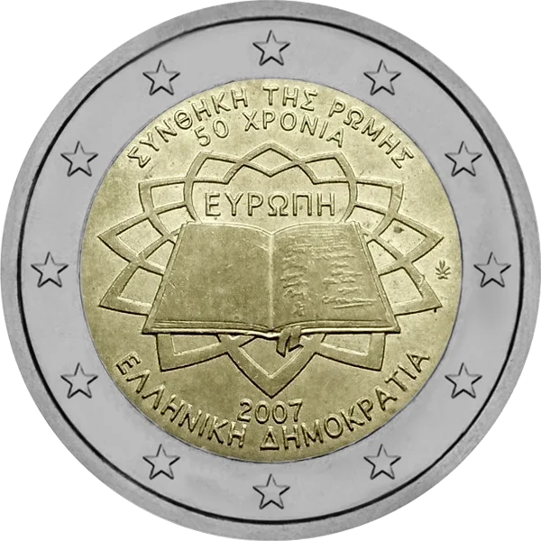 Pièce de 2 euros Traité de Rome 50 ans Grèce 2007 avec livre ouvert