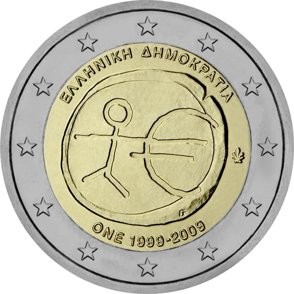 Pièce de 2 euros ONE 1999-2009 Grèce avec dessin bonhomme bâton et symbole Euro