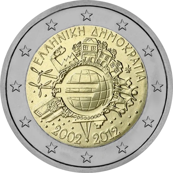 Pièce de 2 euros Grèce 2002-2012 avec logo Euro au centre du globe terrestre