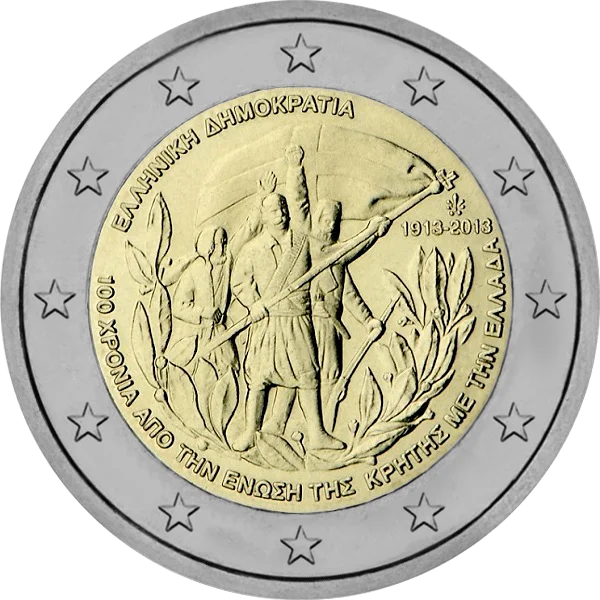 Pièce de 2 euros avec hommes et drapeau 1913-2013 100 ans du rattachement de la Crète à la Grèce 