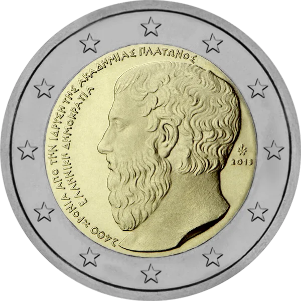 Pièce de 2 euros avec visage homme barbu 2013 2400 ans de l'Académie de Platon 