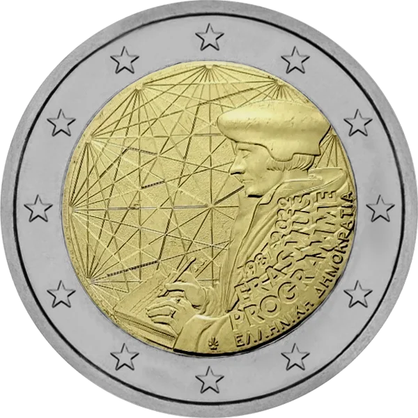 Pièce de 2 euros 1987-2022 Erasmus Programme Grèce avec représentation d'Erasme qui écrit