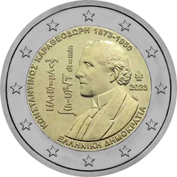 Pièce de 2 euros Konetantinoe Kapaoeoaoph 1873-1950 avec équations mathématiques 100 ans naissance Constantin Carathéodory