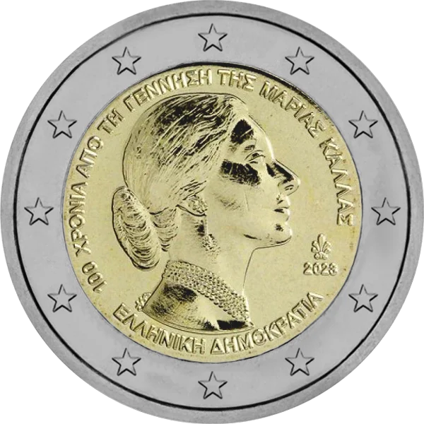Pièce de 2 euros avec une femme 2023 100 ans de la naissance de Maria callas
