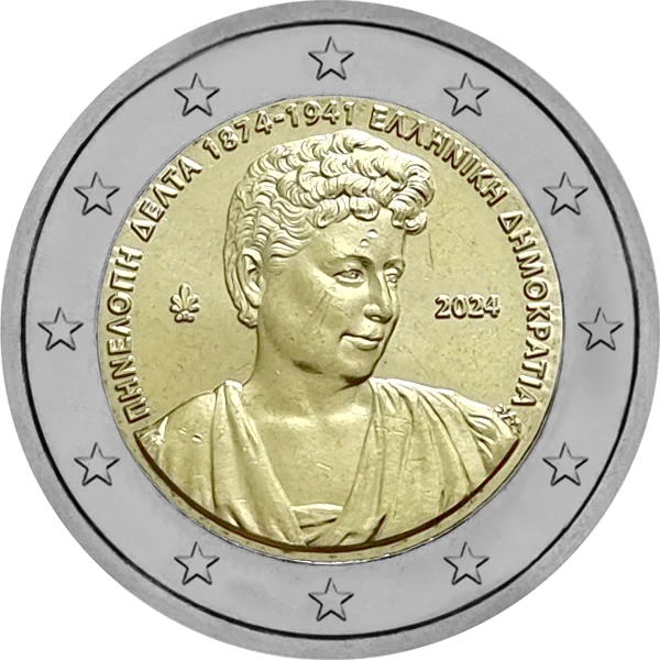 Pièce de 2 euros Phneaonh Aeata 1874-1941 avec une femme 150 ans naissance de Penelope Delta