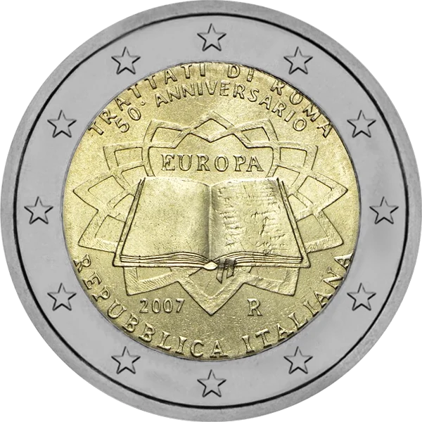 Pièce de 2 euros Trattati di Roma 50 anniversario Europa 2007 Repubblica Italiana avec livre ouvert
