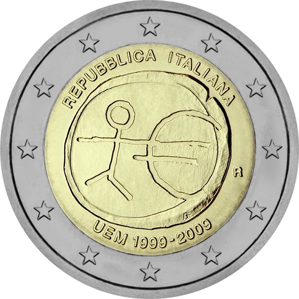 Pièce de 2 euros UEM 1999-2009 Repubblica Italiana avec dessin bonhomme bâton et symbole Euro
