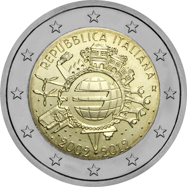 Pièce de 2 euros Repubblica Italiana 2002-2012 avec logo Euro au centre du globe terrestre