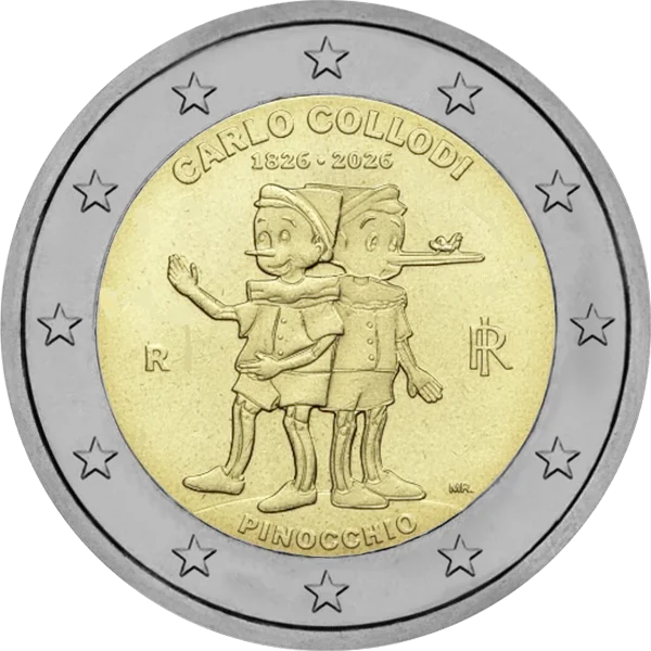 Pièce de 2 euros Carlo Collodi 1826-2026 Pinocchio