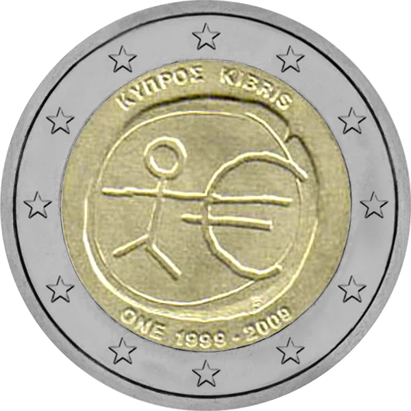 Pièce de 2 euros ONE 1999-2009 Kyiipoe Kibris avec dessin bonhomme bâton et symbole Euro