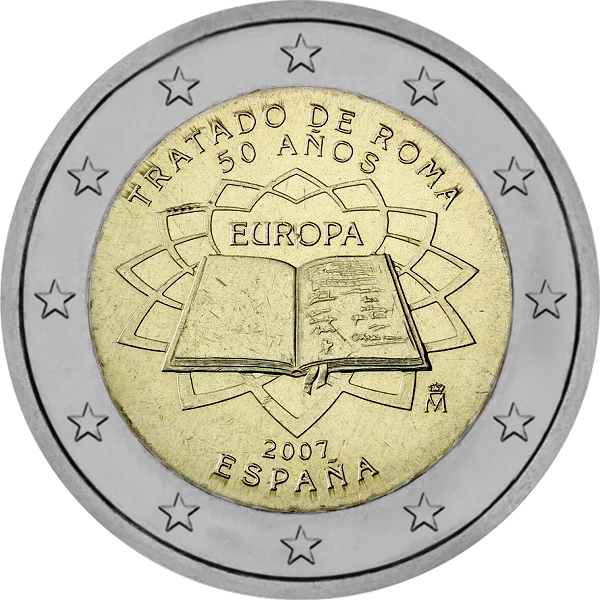 Pièce de 2 euros Tratado de Roma 50 años Europa 2007 España avec livre ouvert