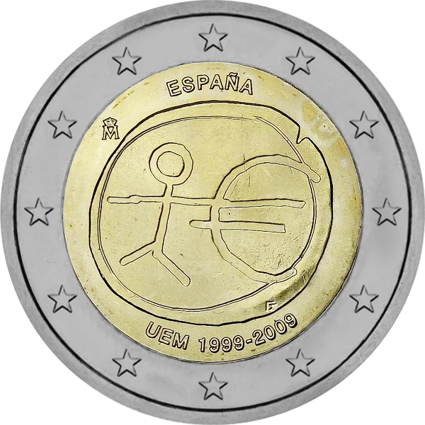 Pièce de 2 euros UEM 1999-2009 España avec dessin bonhomme bâton et symbole Euro