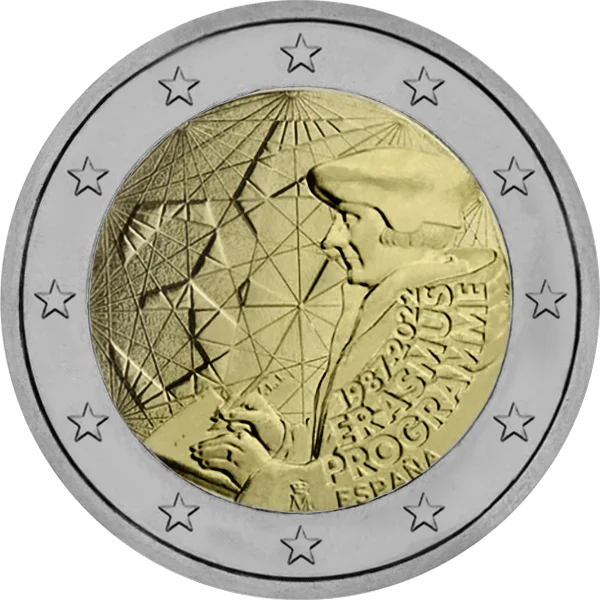 Pièce de 2 euros 1987-2022 España avec représentation d'Erasme qui écrit