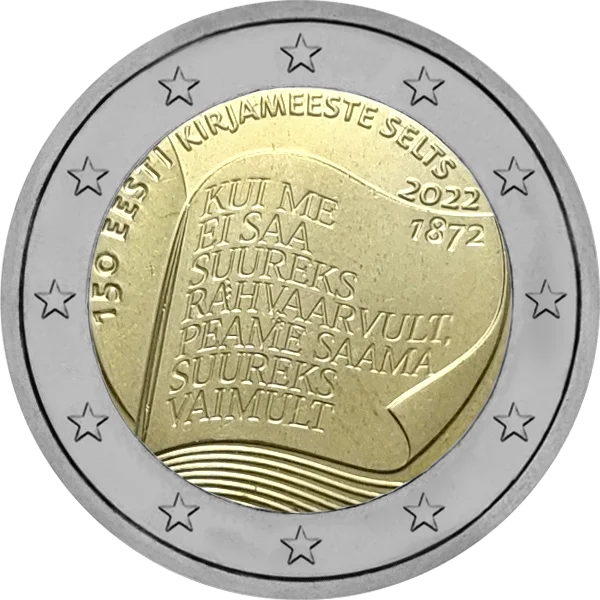 Pièce de 2 euros 150 Eesti Kirjameeste Selts 2022 1872 avec un livre Kui Me Ei Saa