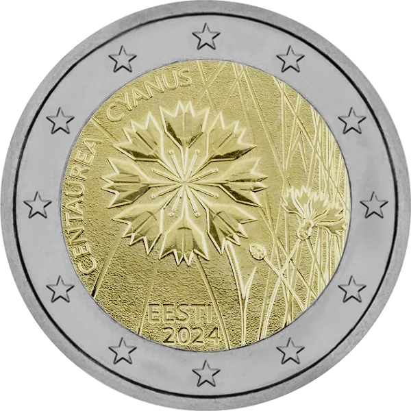 Pièce de 2 euros Centayrea Cyanus Eesti 2024 avec une fleur