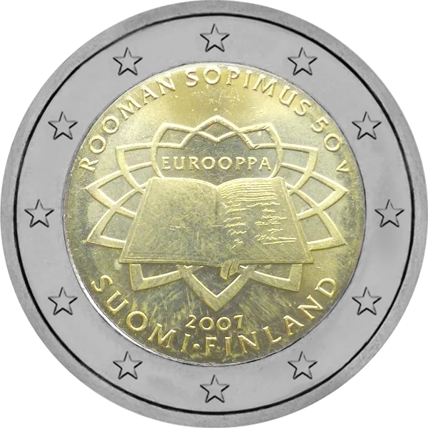Pièce de 2 euros Rooman Sopimus 50 v Eurooppa 2007 Suomi-Finland avec livre ouvert