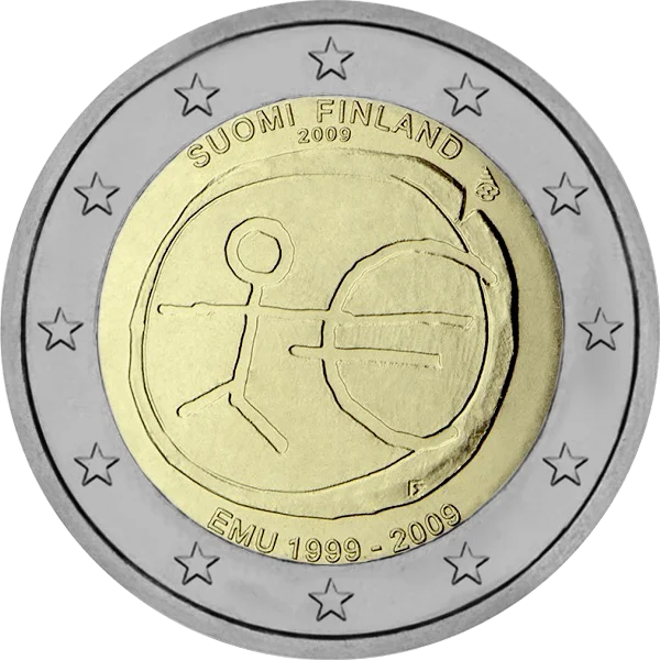 Pièce de 2 euros UEM 1999-2009 Suomi Finland avec dessin bonhomme bâton et symbole Euro