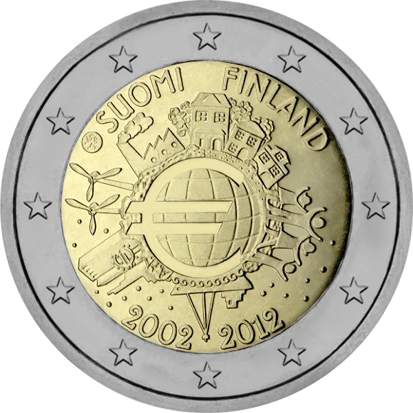 Pièce de 2 euros Suomi Finland 2002-2012 avec logo Euro au centre du globe terrestre